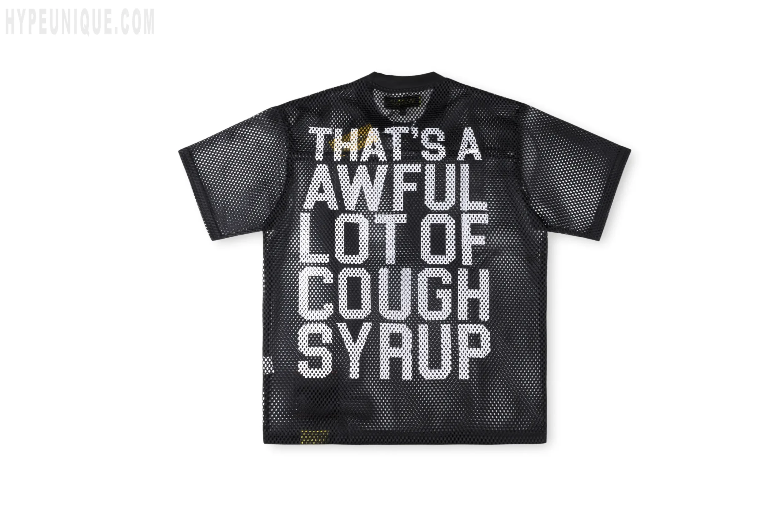 Front view of the black back of the That's A Awful Lot of Cough Syrup Letter Mesh T-shirt. This shows the mesh back and the brand's logo.
