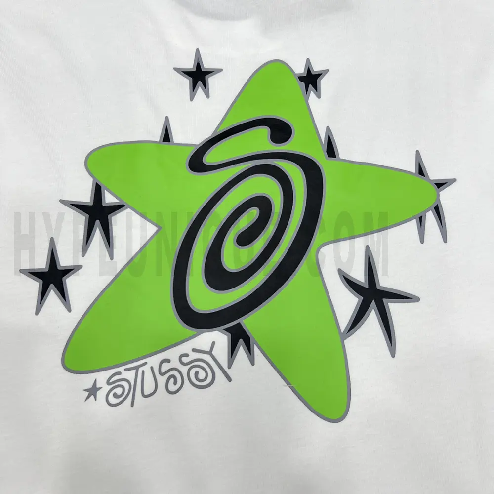 Close-up of the T-shirt print details of the back of the white clothes.