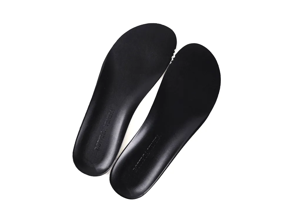Black leather insoles designed for comfortable, supportive shoe fitting and durability.