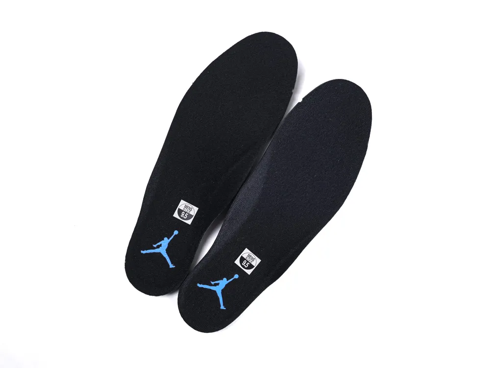 Black fabric shoe insoles with blue logo and size label, size 9.5.