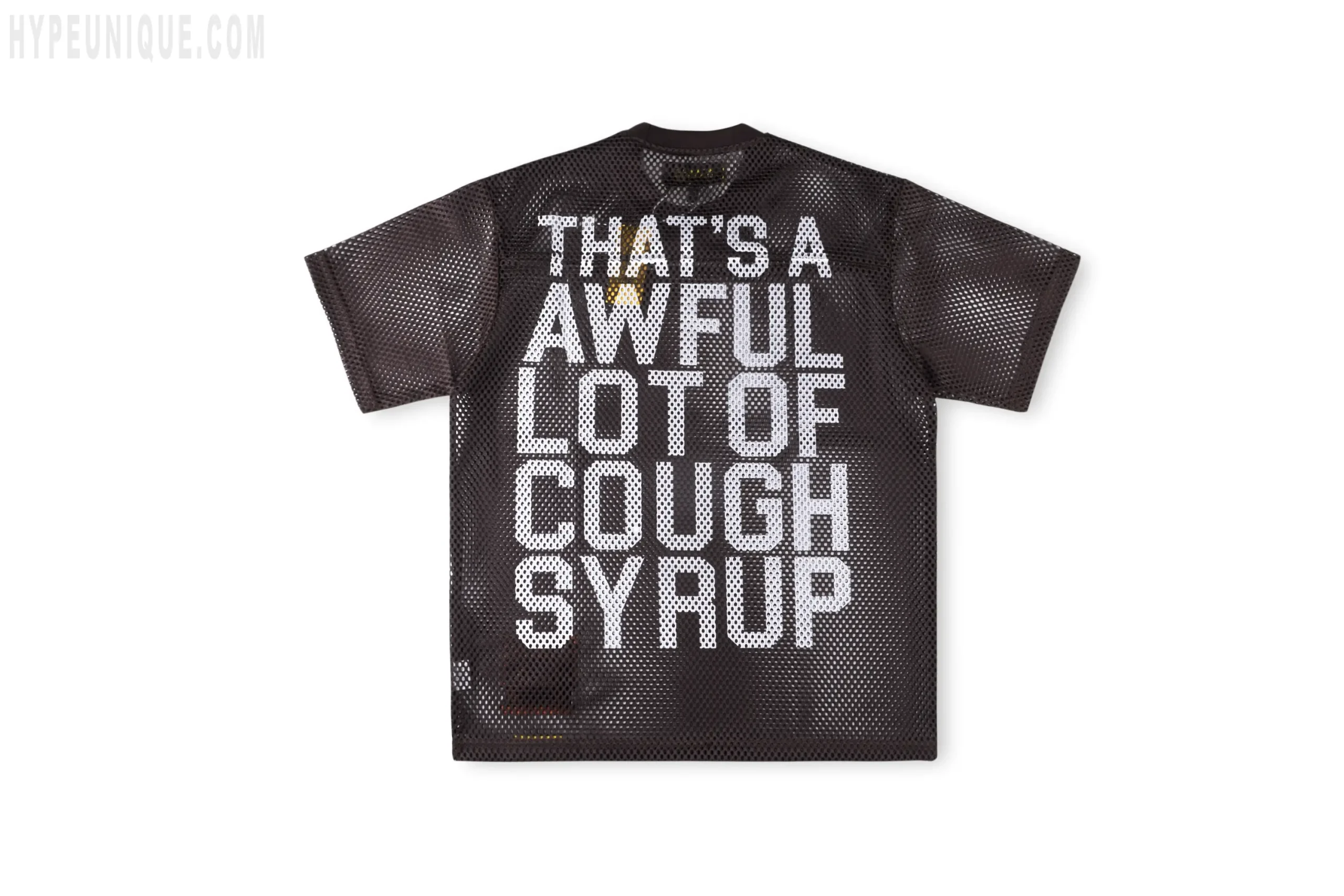 Front view of the brown back of the That's A Awful Lot of Cough Syrup Letter Mesh T-shirt. This shows the mesh back and the brand's logo.