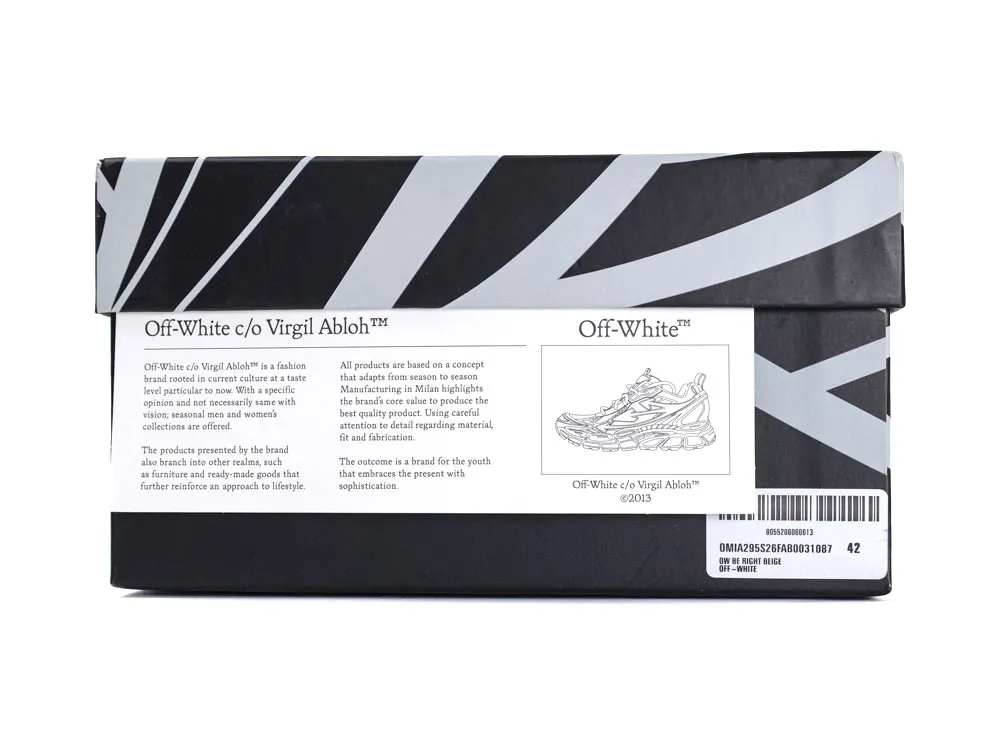 Black and white cardboard shoe box with diagonal design and Off-White branding.