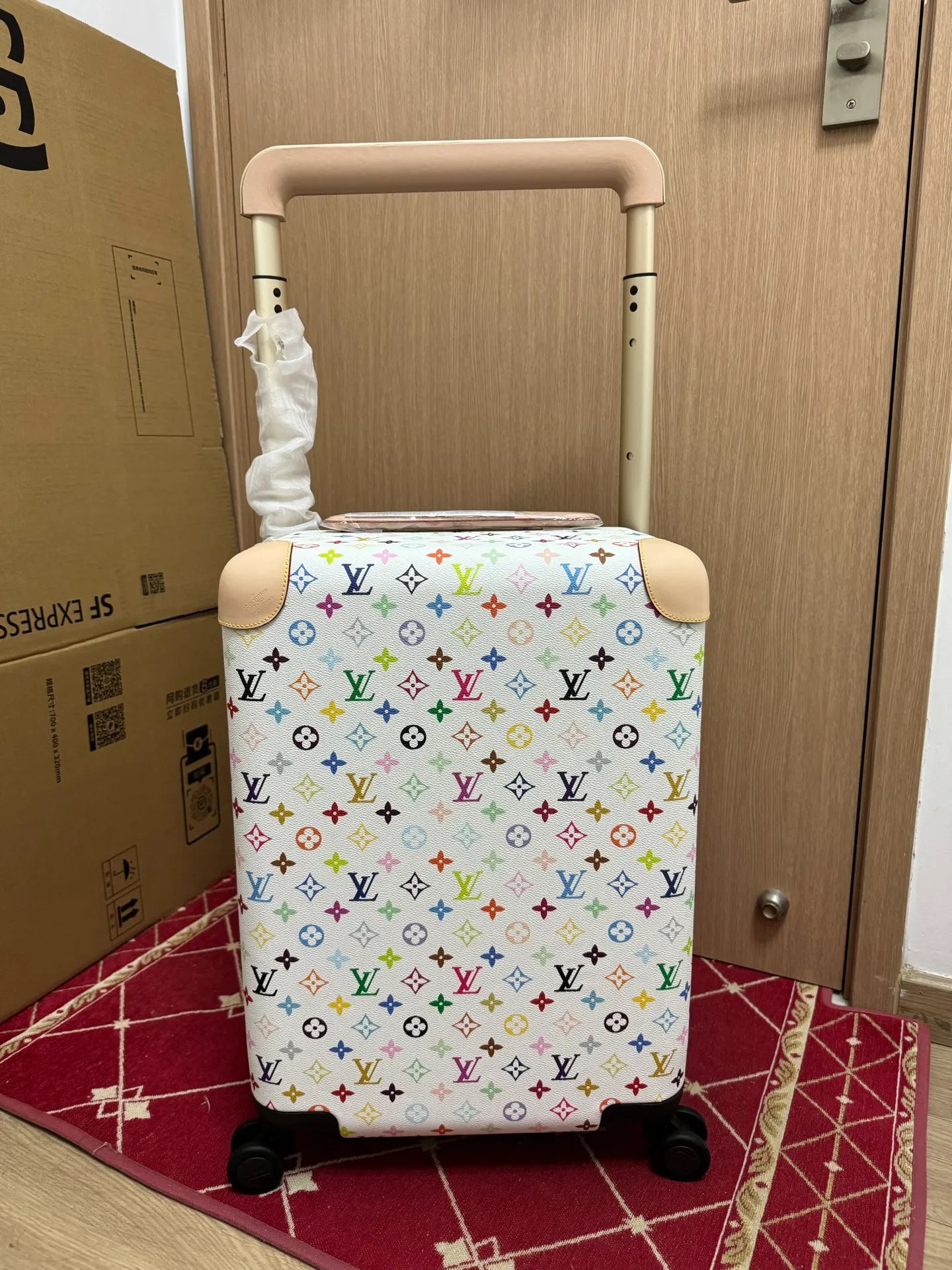 Monogram White Multicolor Horizon Rolling Carry-On Suitcase Front View With Spinner Wheels