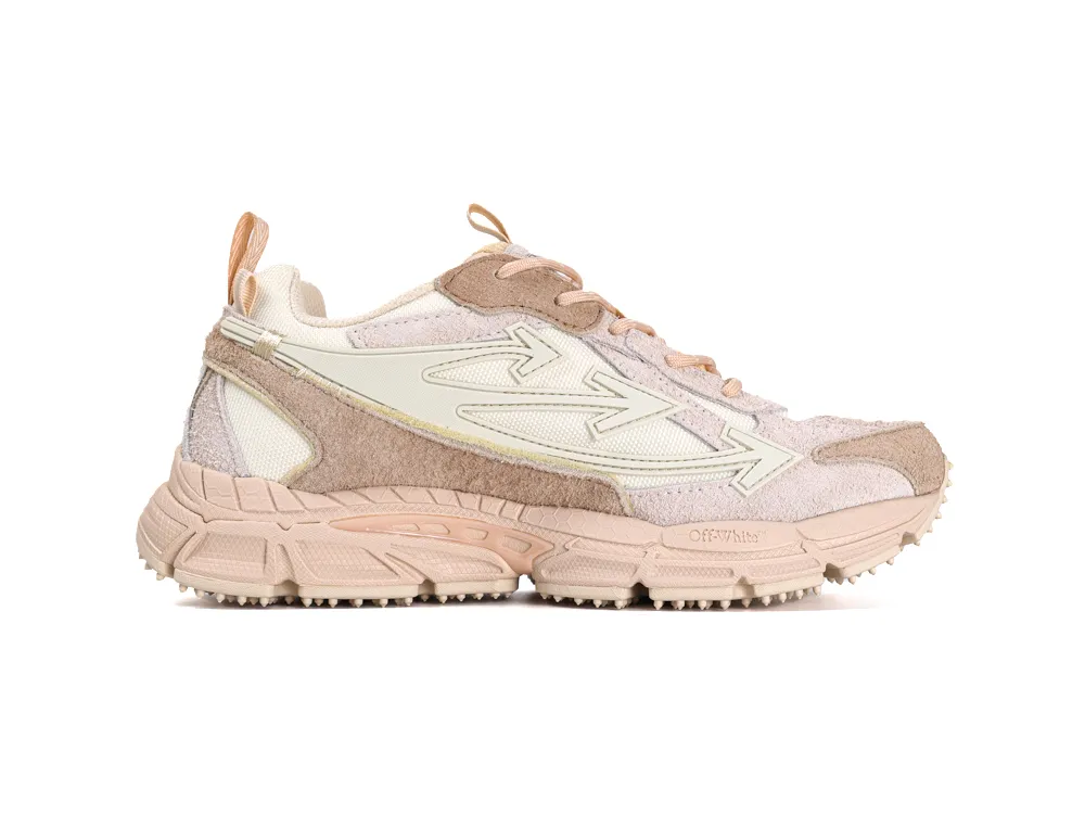 Side profile of the right Off-White Be Right Back sneaker highlighting the multi-layered mesh and suede panels in earth tones.