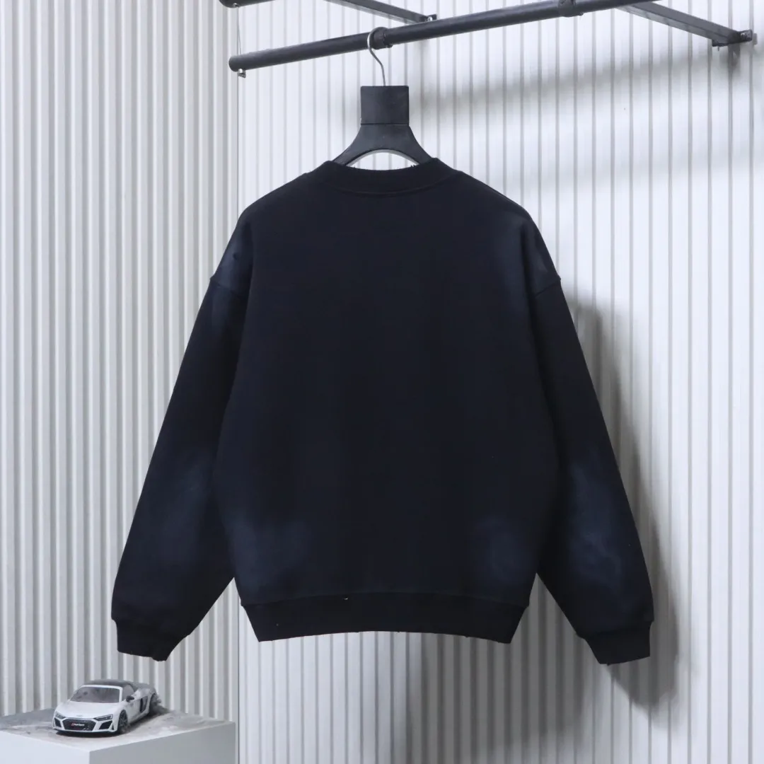 Back View Acne Distressed Logo Henley Collar Sweatshirt