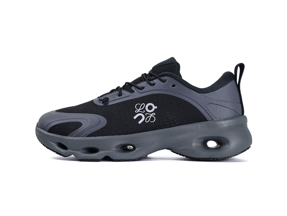 Black athletic shoe with unique design