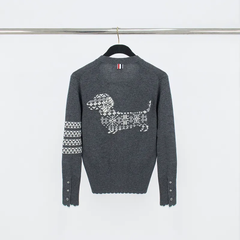 Back View TB Snowflake Dachshund Jacquard Wool Cardigan