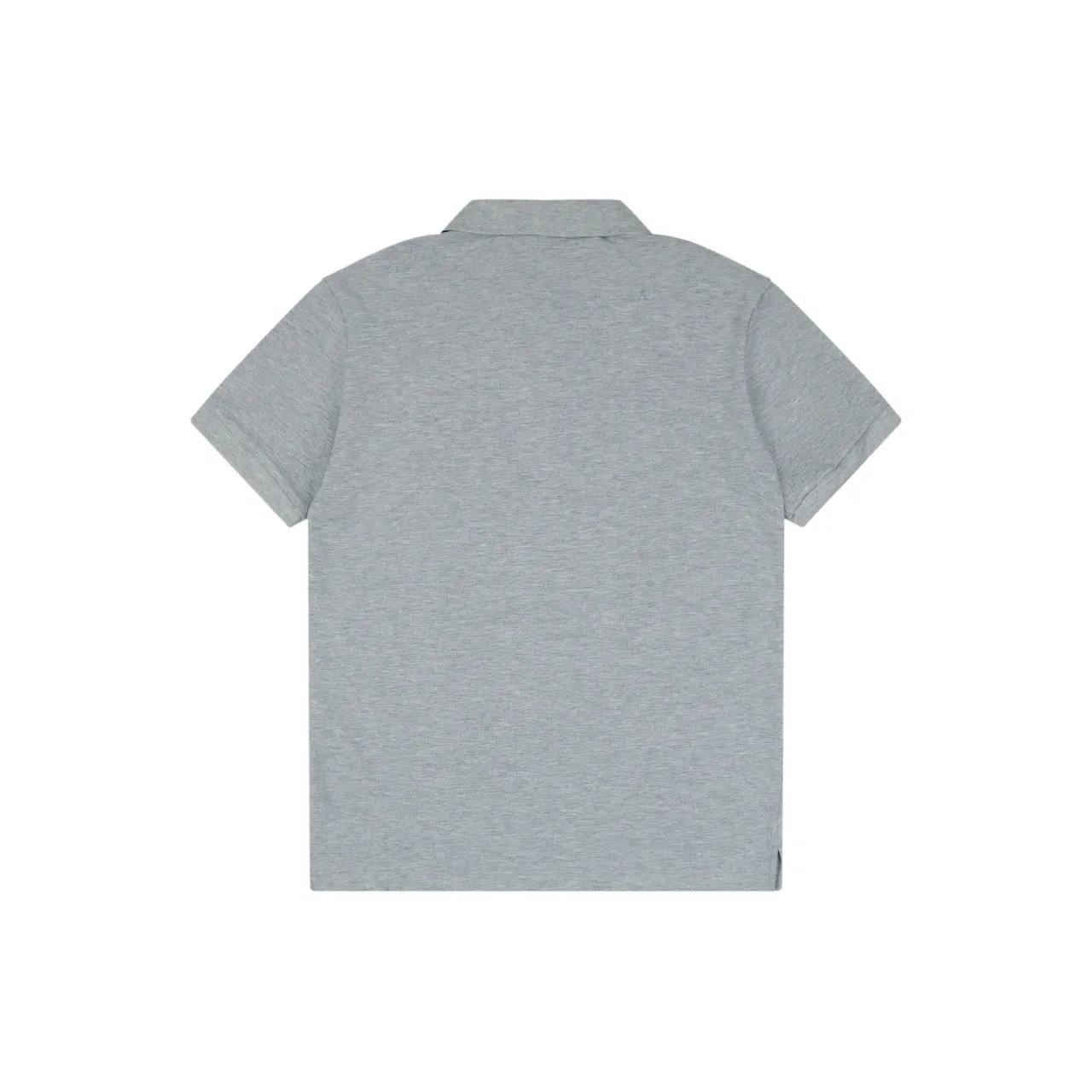 Gray cotton polo shirt with short sleeves and collar, viewed from the back.