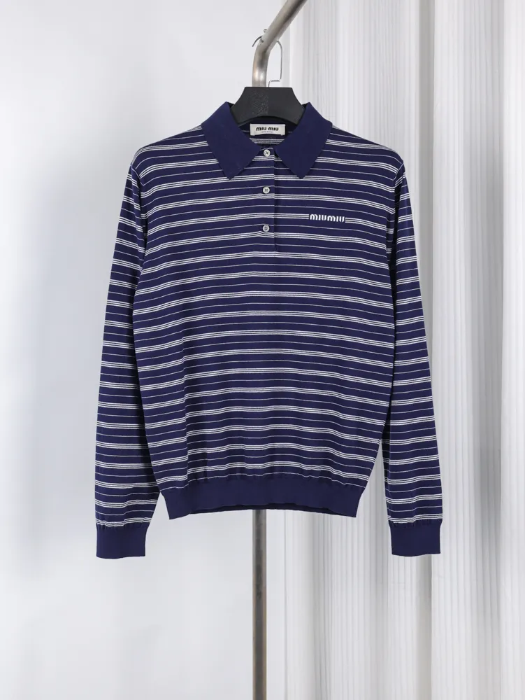 MiuM Logo Intarsia Stripe Long Sleeve Polo Shirt