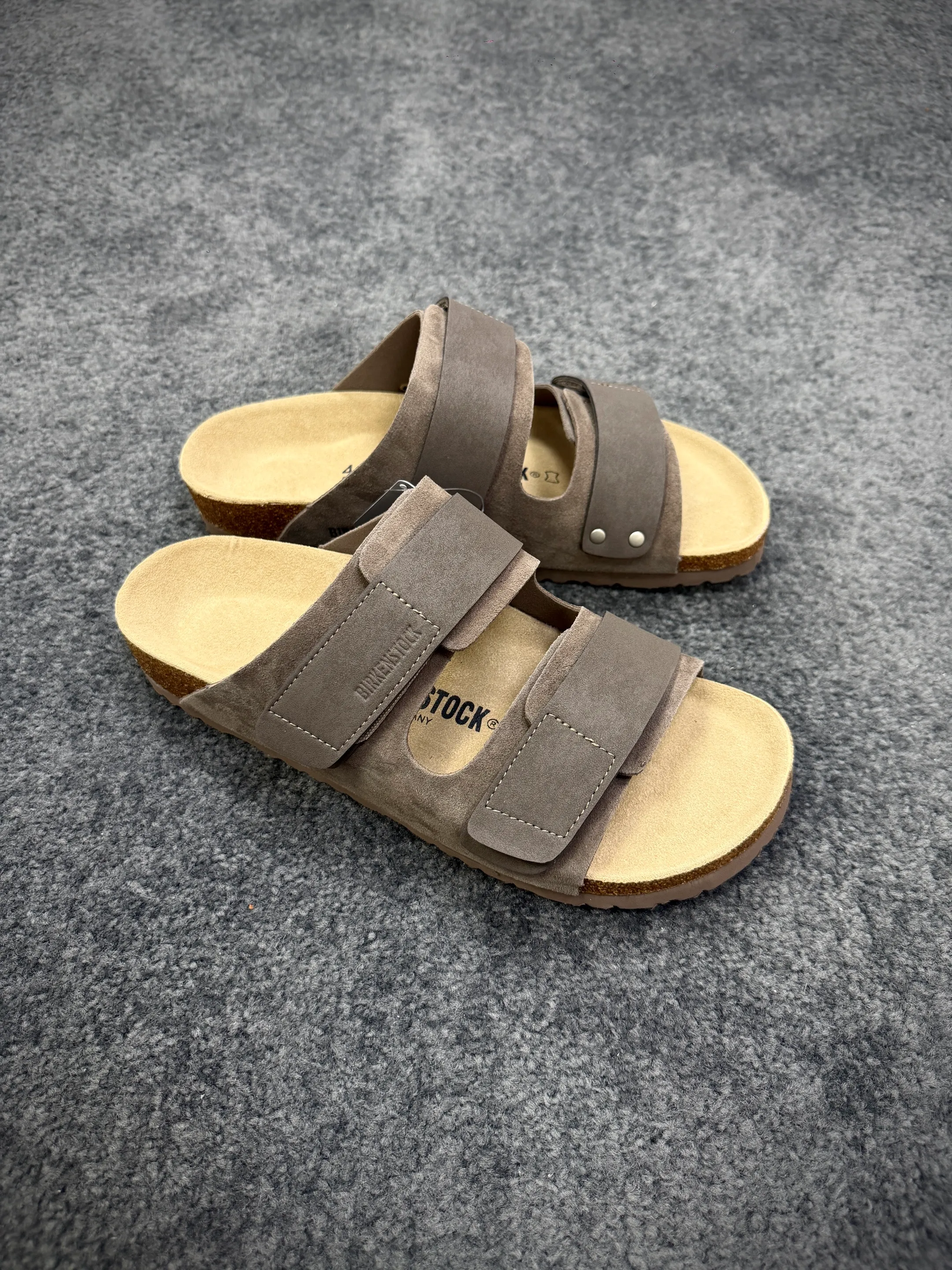BK Uji “Taupe Suede” Double-Strap Sandals