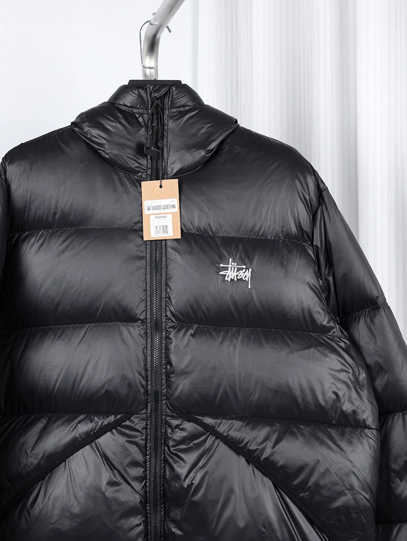 Stussy 23FW Black Gray Letter Hooded Down Jacket