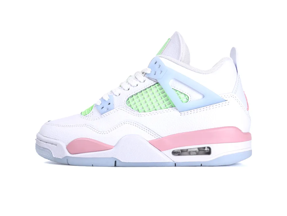 Lateral side view of the Jordan 4 sneaker highlighting the pink midsole and light blue support wings.