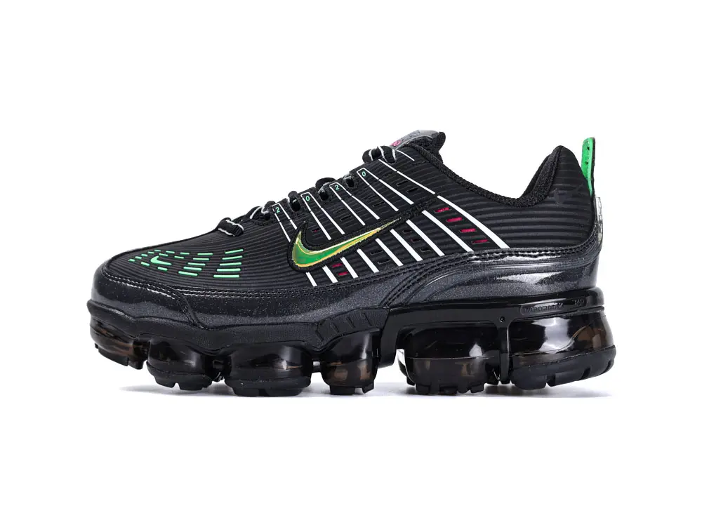 Overall, a frontal view of the outer side of the left shoe of the Air VaporMax 360 'Green Strike'.