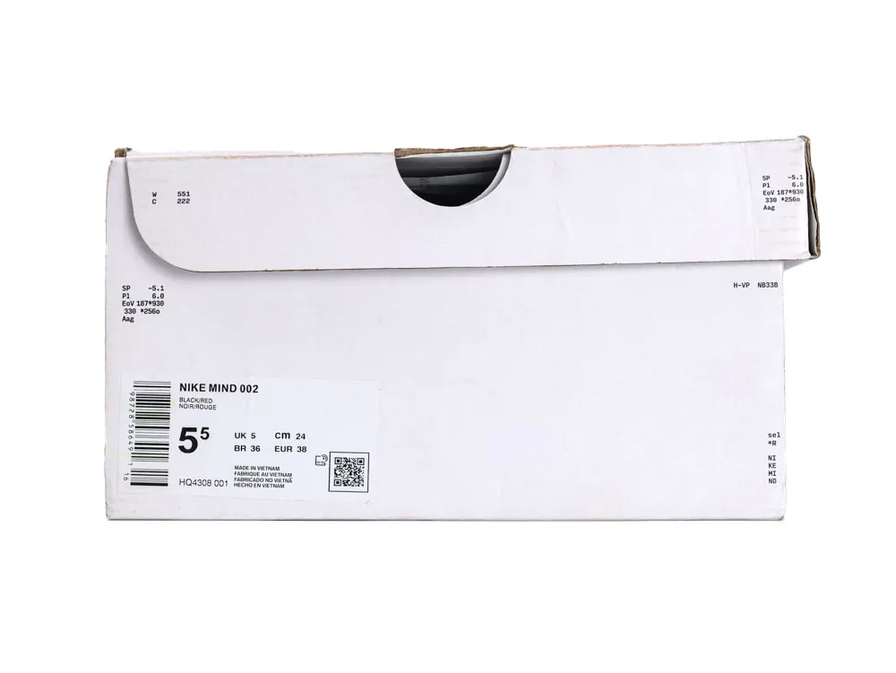 White cardboard shoe box with black and red label details, closed lid.