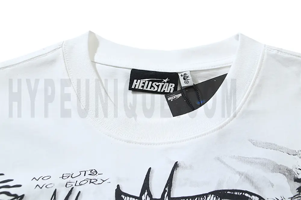 Close-up of the T-shirt's neckline tag, showcasing wash care instructions and brand details in a fashion design.