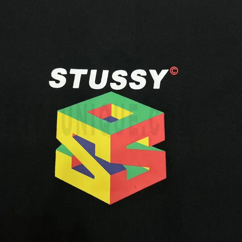 Close-up of the T-shirt print details of the black clothes.